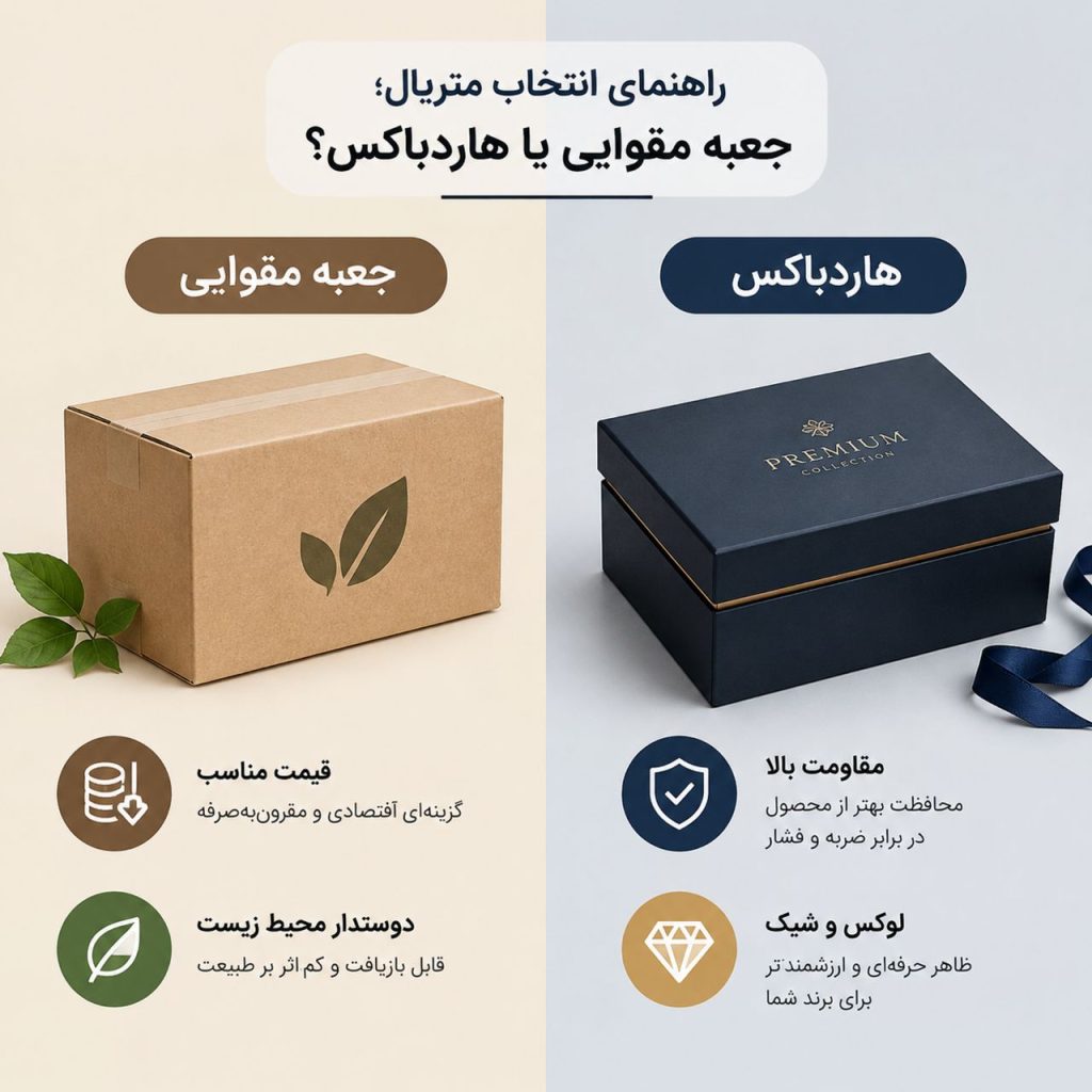 انتخاب میان جعبه مقوایی و هاردباکس، صرفاً تصمیمی پیرامون خرید کاغذ و مقوا نیست، بلکه تعیین‌کننده جایگاه بازار و اعتبار نام تجاری است. همان‌گونه که انتخاب گراماژ کاغذ در چاپ کارت ویزیت هویت اولیه شرکت را تعریف می‌کند، ساختار جعبه نیز مستقیماً انتظارات خریدار را شکل می‌دهد. اگر متریال بسته با قیمت، وزن و پرستیژ کالا همخوانی نداشته باشد، کل بودجه تبلیغاتی و معرفی محصول در بازار تلف خواهد شد. درک دقیق تفاوت‌های ساختاری این دو متریال، اولین گام برای ساخت یک تجربه فیزیکی بدون نقص و ماناست.